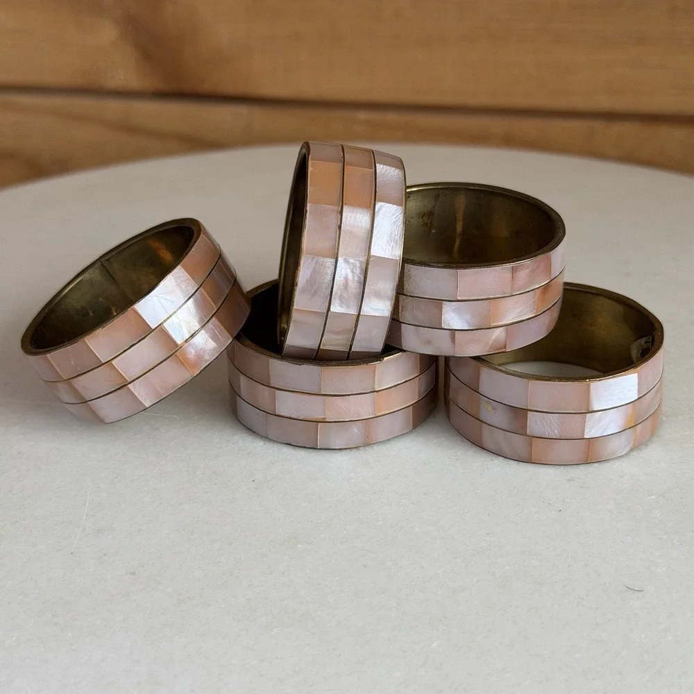Brass And Pink Shell Napkin Rings Coastal Set Of 5‎ Luncheon Tablescape